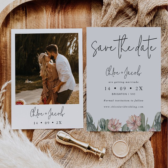 Modern Cactus Photo Wedding Save The Date Card (Cactus themed wedding save the date also featuring some modern calligraphy and the couples photo.)