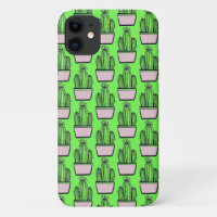 Modern Cactus Pink Pot Pattern on Green