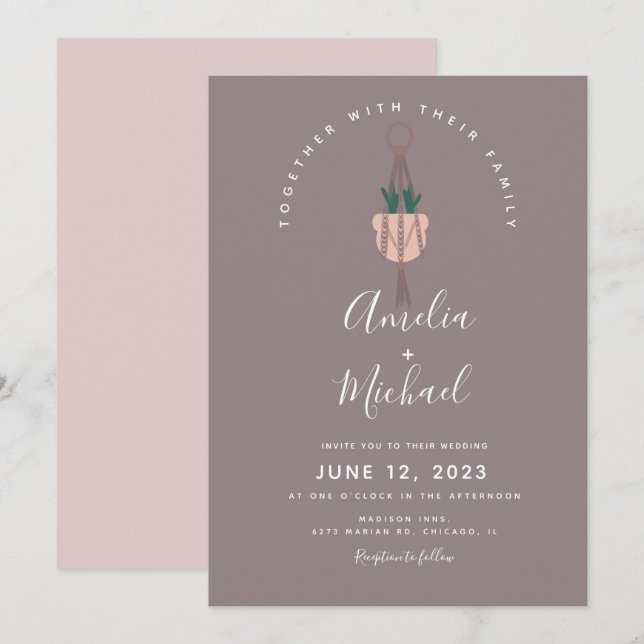 Modern Cactus Plant Macrame Botanical Wedding Invitation (Front/Back)