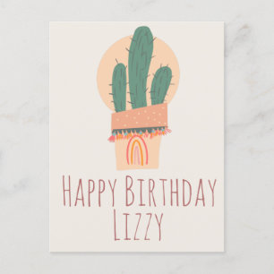 Modern Cactus Potted Plant Rainbow Birthday Postcard