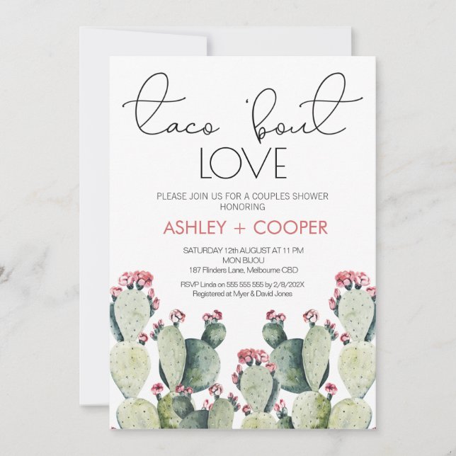 Modern Cactus Taco 'bout Love Couples Shower Invitation (Front)