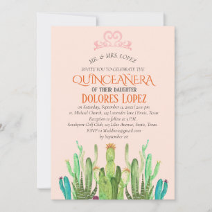 Modern Cactus Tiara Quinceañera Fiesta Birthday Invitation