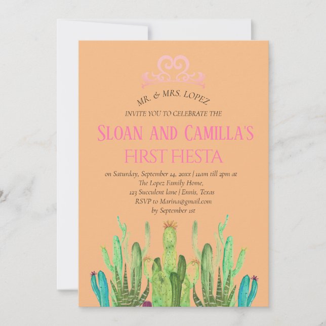 Modern Cactus Twins First Fiesta Birthday   Invitation (Front)