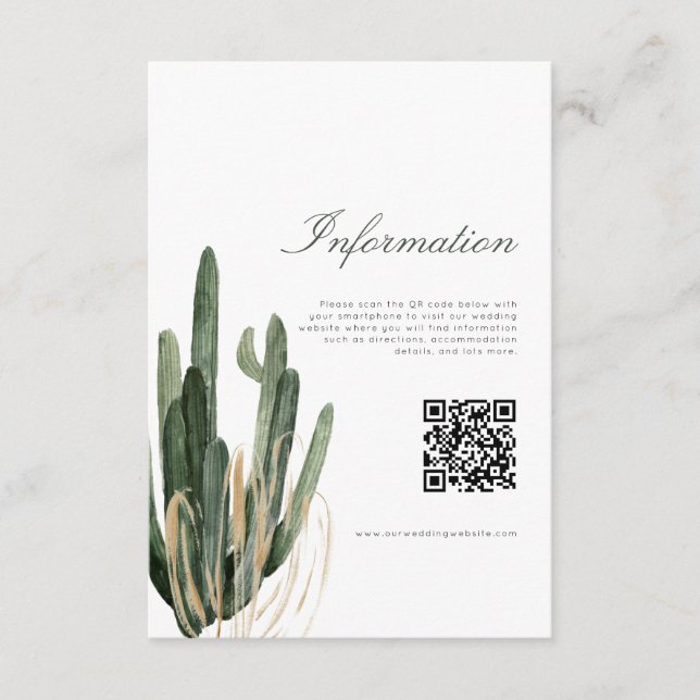 Modern Cactus Wedding Information QR Code card (Front)