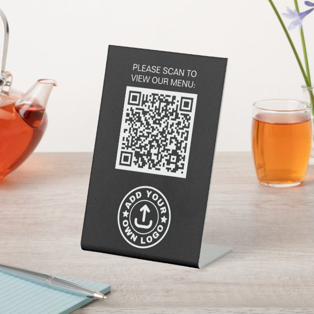 Modern Cafe Contactless Menu Black QR Code Logo Pedestal Sign (In SItu)