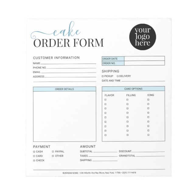 Modern Cake Cupcake Bakery Blue Order Form Notepad (Front)