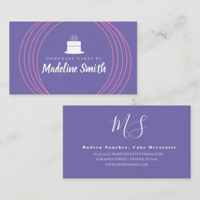 Modern Cake Logo Homemade Bakery Branding Purple Business Card (Front/Back)