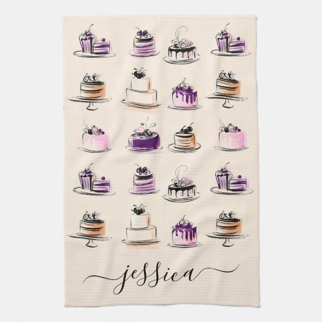 Modern cake pattern script name tea towel (Vertical)