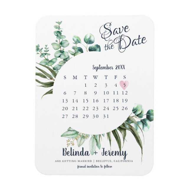 Modern Calendar Eucalyptus Save The Date Magnets (Vertical)