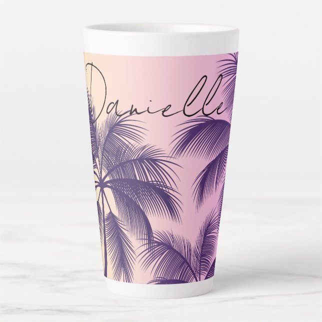 Modern Cali Tropical Pastel Pink Sunset Palm Trees Latte Mug (Front)