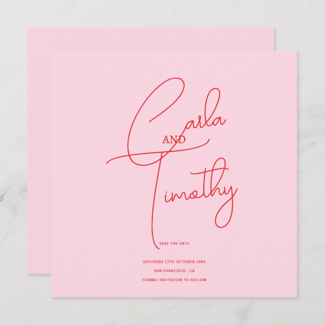 Modern Caligraphy Script Red Pink Wedding Save The Date (Front/Back)