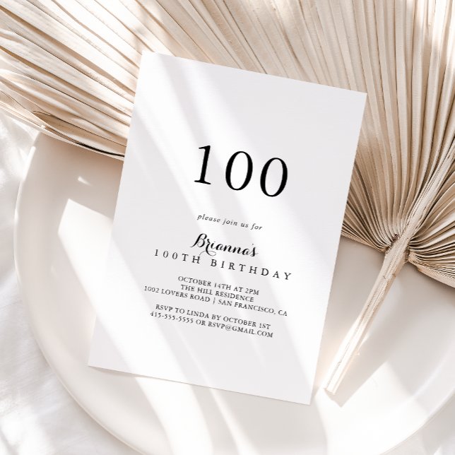 Modern Calligraphy 100th Birthday Party Invitation (Creator Uploaded)