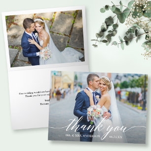 Modern Calligraphy 2 Photo Wedding Folded Thank You Card