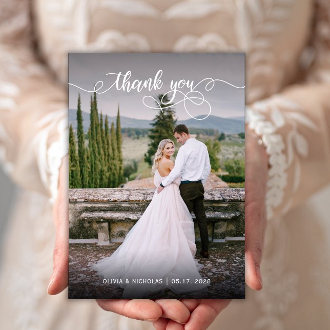 Modern Calligraphy 2 Photo Wedding Thank You Card (Creator Uploaded)
