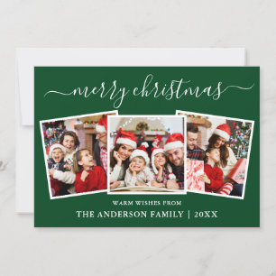 Modern Calligraphy 3 Photo Christmas Green Holiday Card