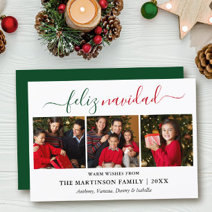 Modern Calligraphy 3 Photo Green Red Feliz Navidad Holiday Card