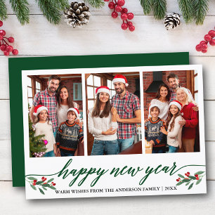 Modern Calligraphy 3 Photo Happy New Year Green Holiday Card