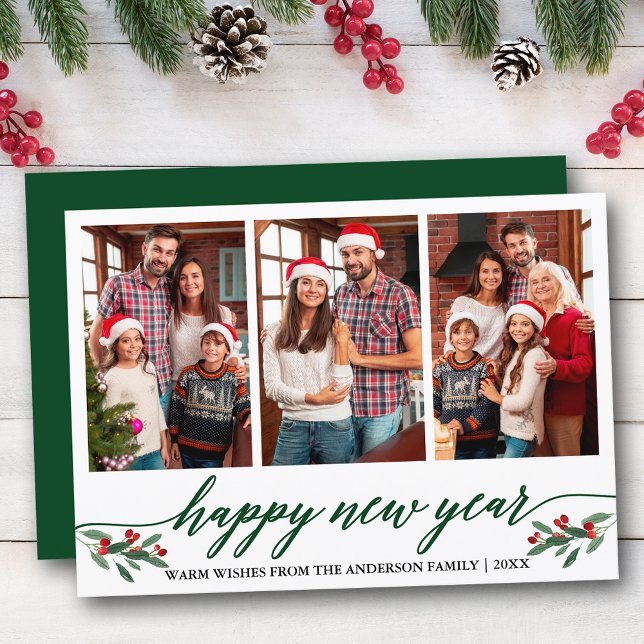 Modern Calligraphy 3 Photo Happy New Year Green Holiday Card (Customize to add text to back of card or to change color of  back of card.)