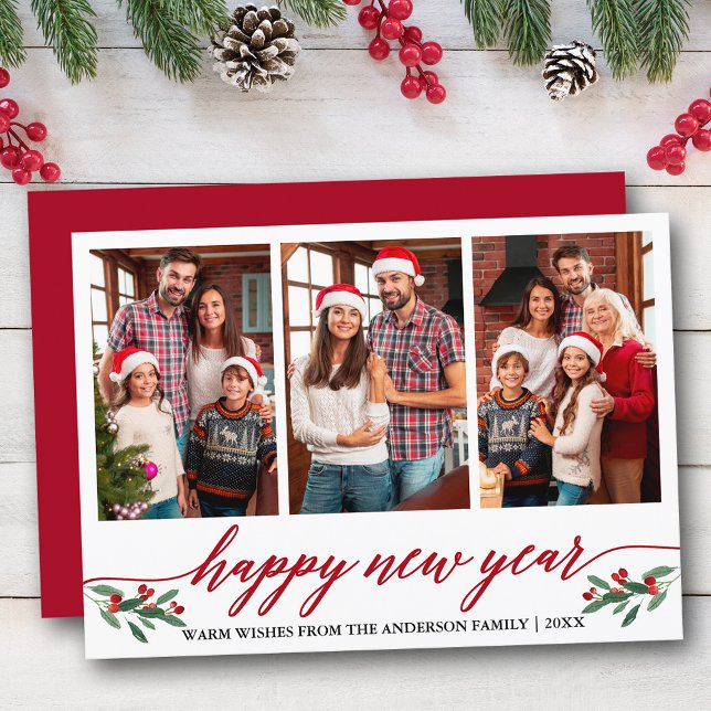 Modern Calligraphy 3 Photo Happy New Year Red Holiday Card (Customize to add text to back of card or to change color of  back of card.)