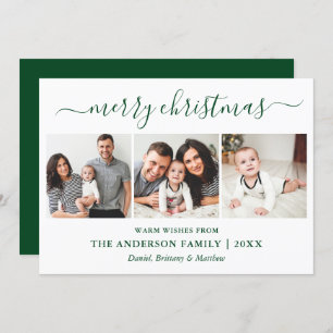 Modern Calligraphy 3 Photo Merry Christmas Green Holiday Card