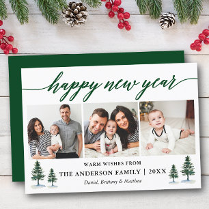 Modern Calligraphy 3 Photo Pines Happy New Year Holiday Card