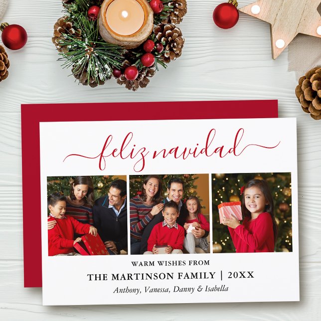 Modern Calligraphy 3 Photo Red Feliz Navidad Holiday Card (Customize to add text to back of card.)