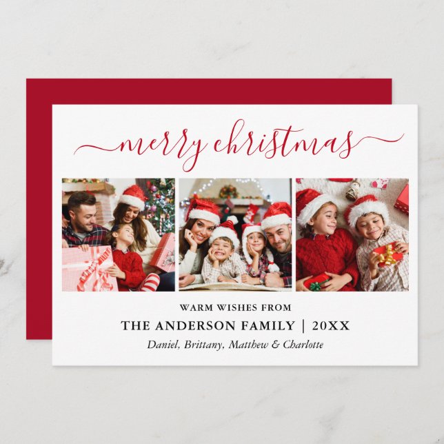 Modern Calligraphy 3 Photo Red Merry Christmas Holiday Card (Front/Back)