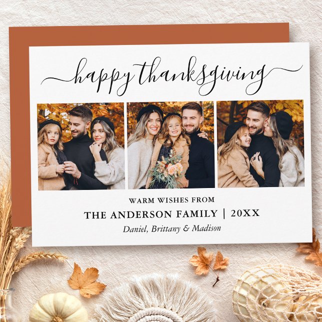 Modern Calligraphy 3 Photo Terracotta Thanksgiving Holiday Card (Customize to add text to back of card or to change color of back of card.)