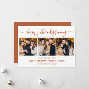 Modern Calligraphy 3 Photo Thanksgiving Terracotta Holiday Card