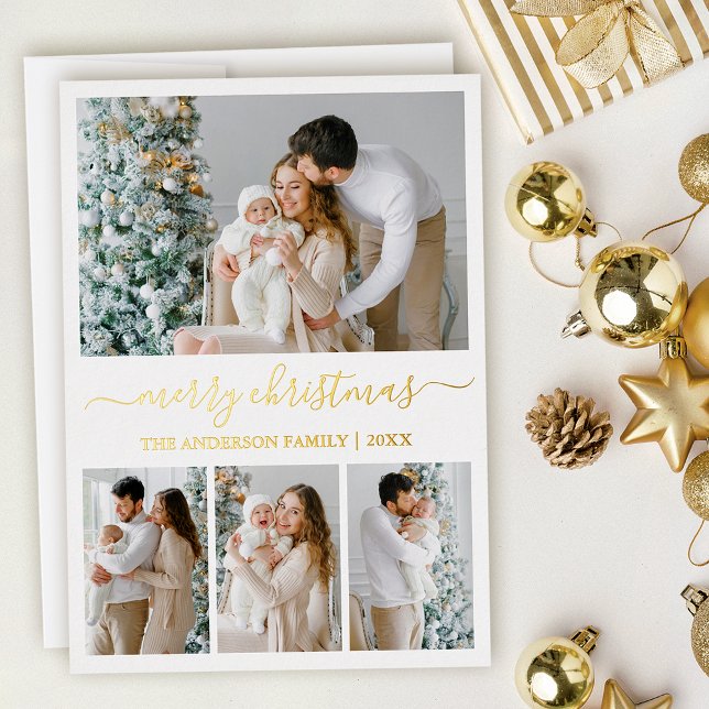 Modern Calligraphy 4 Photo Christmas Gold (Gold Foil 4 Photo Christmas Card)