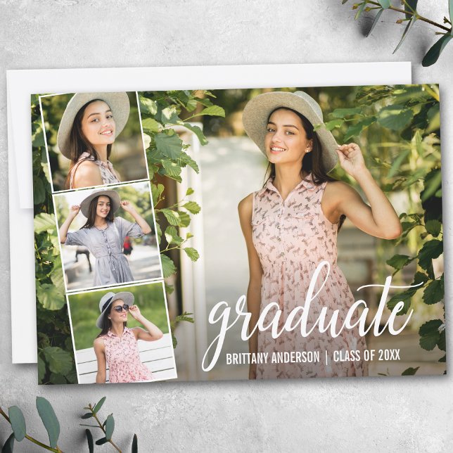Modern Calligraphy 4 Photo Collage Graduation Announcement (Customize to add text or more photos to back of card.)