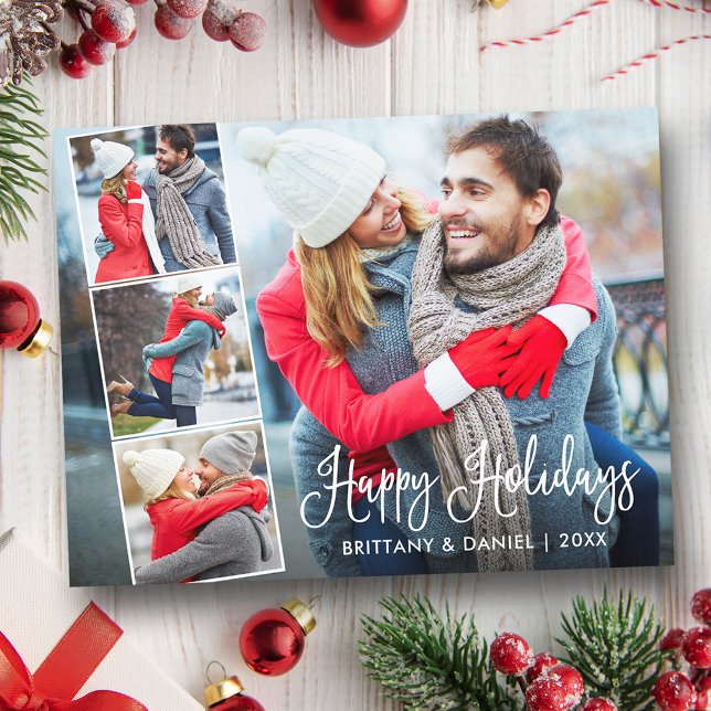 Modern Calligraphy 4 Photo Collage Holiday Postcard (Customize to change your personalized text size or text style.)