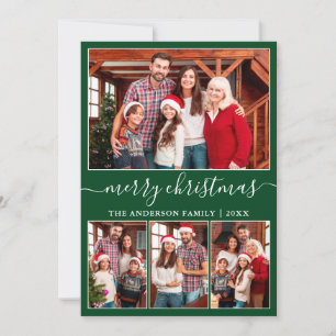 Modern Calligraphy 4 Photo Merry Christmas Green Holiday Card