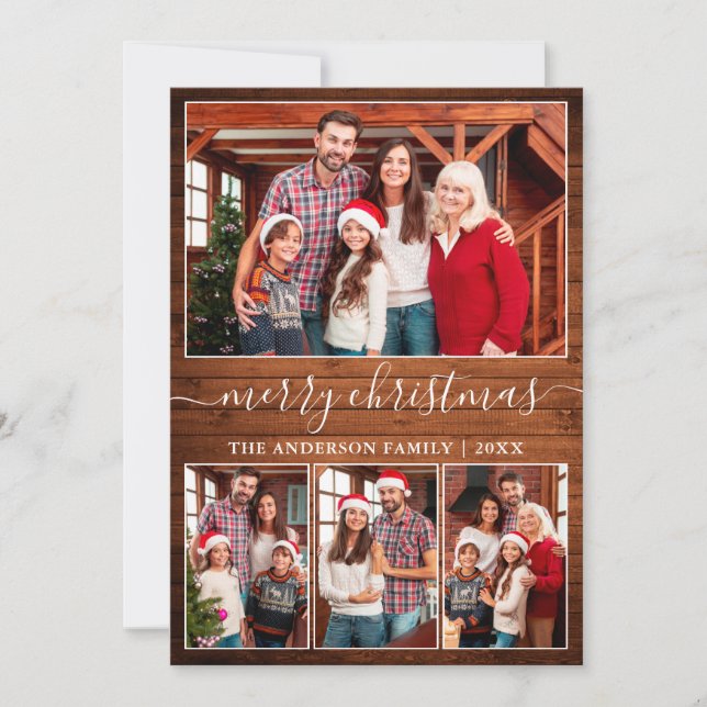 Modern Calligraphy 4 Photo Wood Merry Christmas Holiday Card (Front)