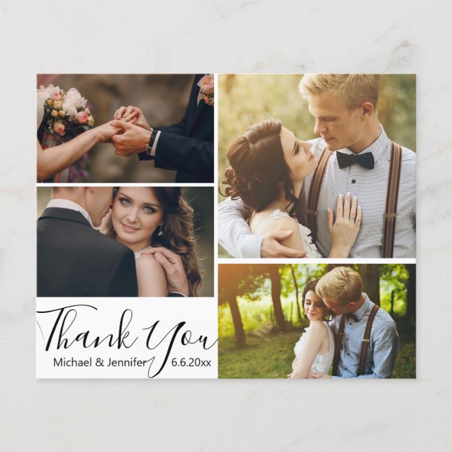modern calligraphy 4 photos wedding collage card  (Front)