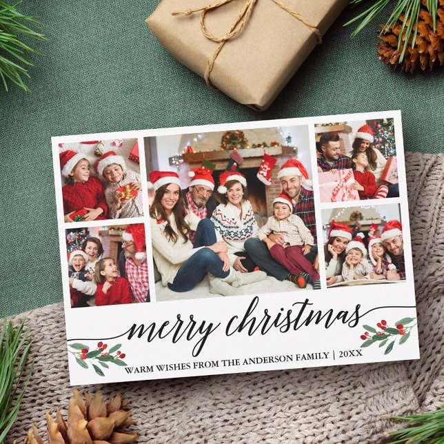 Modern Calligraphy 5 Photo Family Merry Christmas Holiday Card (Customize to add text to back of card.)