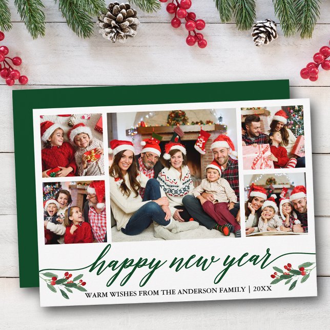 Modern Calligraphy 5 Photo Happy New Year Green Holiday Card (Customize to add text to back of card.)