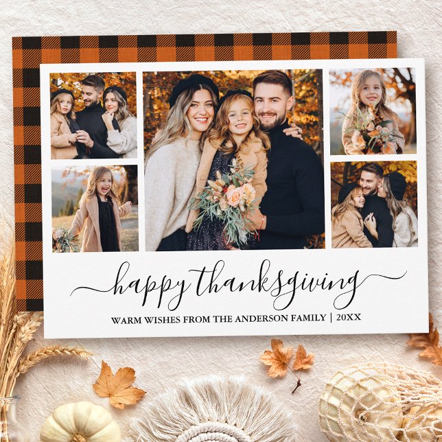 Modern Calligraphy 5 Photo Plaid Thanksgiving Holiday Card (Customize to change text size or style.)