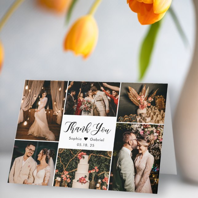 Modern Calligraphy 6 Photo Collage Wedding Thank Y You Card (Creator Uploaded)