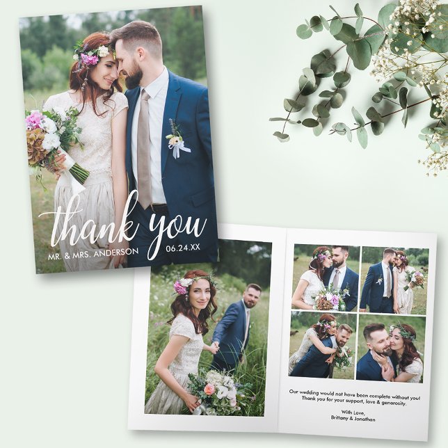 Modern Calligraphy 6 Photo Wedding Folded Thank You Card (Customize to change your personalized text size or text style.)