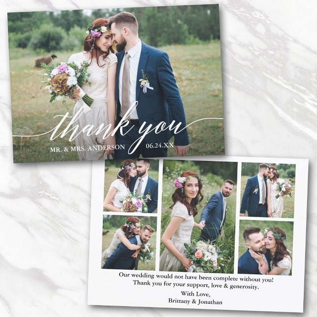 Modern Calligraphy 6 Photos Bride Groom Wedding Thank You Card (Customize to change your personalized text size or text style.)
