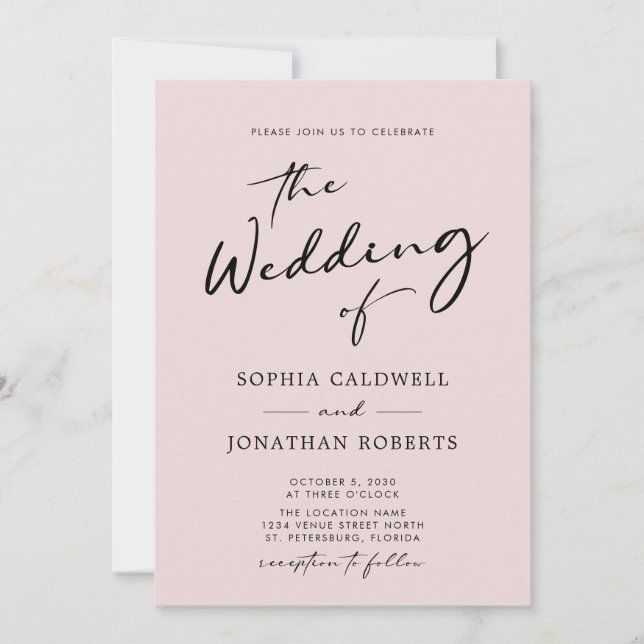 Modern Calligraphy All in One Blush Pink Wedding Invitation (Front)