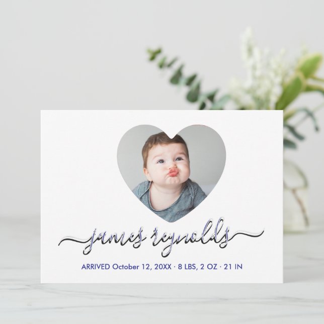 Modern Calligraphy Baby Boy Photo Collage Birth Announcement (Standing Front)