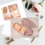 Modern Calligraphy Baby Girl Landscape Photo Birth Announcement<br><div class="desc">Introduce your beautiful newborn baby girl with this elegant landscape photo birth announcement featuring modern white hand-lettered calligraphy script over a full-bleed front photo. The back showcases a five-picture photo collage with a "Welcome" message from the proud parents. A minimalist and chic design that lets your photos take centre stage....</div>