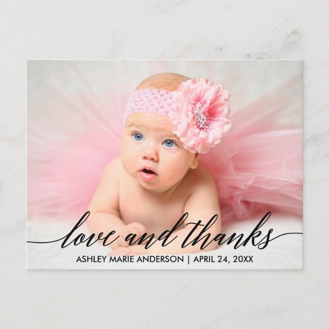 Modern Calligraphy Baby Love and Thanks Photo Postcard (Front)