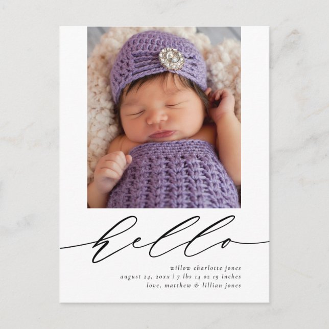 Modern Calligraphy Birth Announcement Postcard (Front)
