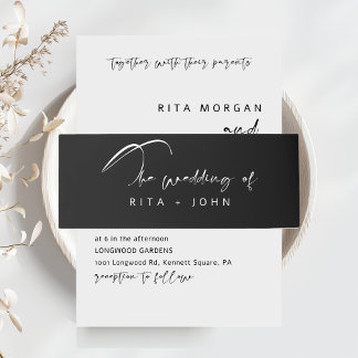 Modern Calligraphy Black and white Wedding Invitation Belly Band