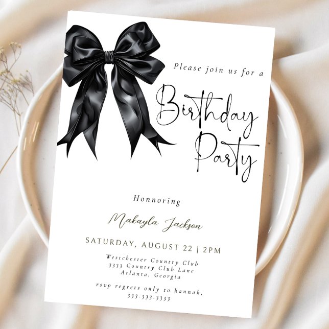 Modern Calligraphy Black Bow Birthday Invitation (Creator Uploaded)