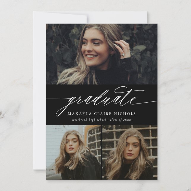 Modern Calligraphy Black Three Photo Graduation Invitation (Front)