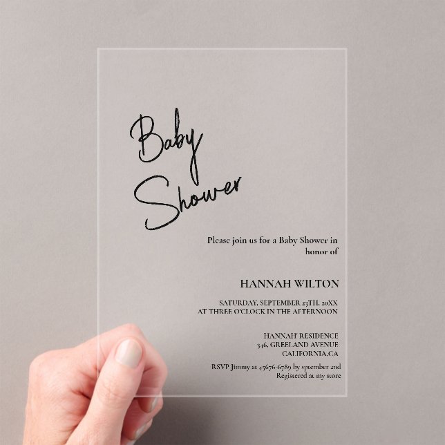 Modern Calligraphy Black & White  baby shower Acrylic Invitations (Insitu (Handheld))